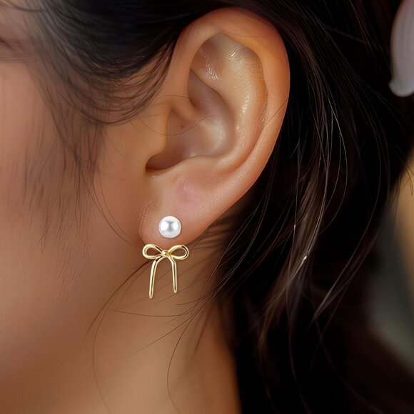 Women's Gold Dainty Pearl Bow Trendy Drop Dangle Earrings Statement Jewelry - Picture 7 of 7